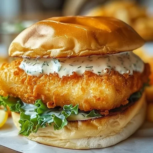 Crispy fried cod sandwich served with fresh toppings and a side of fries.