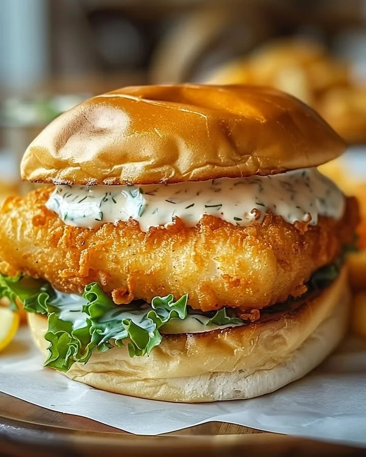 Crispy fried cod sandwich served with fresh toppings and a side of fries.