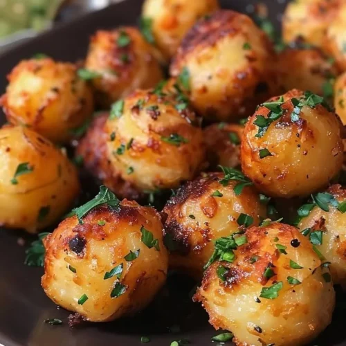 Crispy garlic potato pops served in a bowl, garnished with herbs.