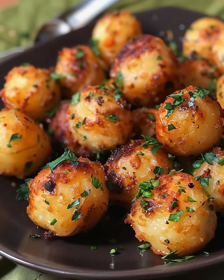 Crispy garlic potato pops served in a bowl, garnished with herbs.