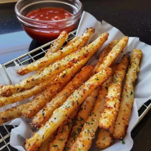 Crispy golden parmesan potato fries served on a plate, garnished with herbs.