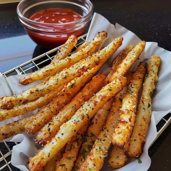 Crispy golden parmesan potato fries served on a plate, garnished with herbs.