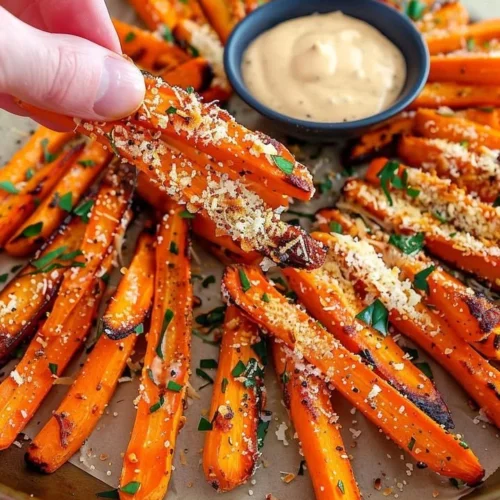 Crispy Parmesan-gilded carrot fries served on a plate