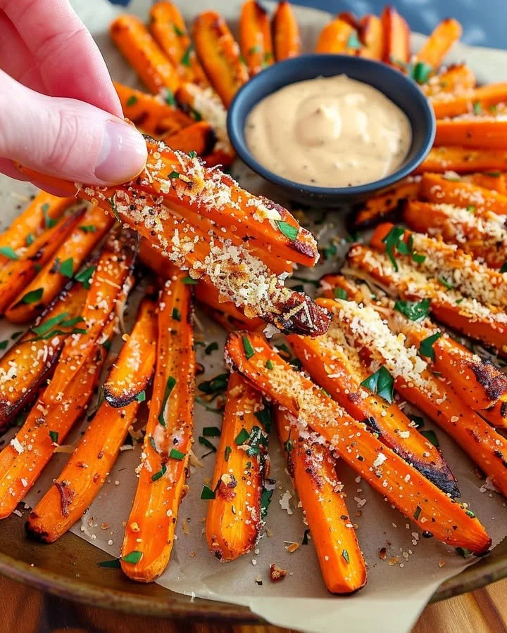 Crispy Parmesan-gilded carrot fries served on a plate