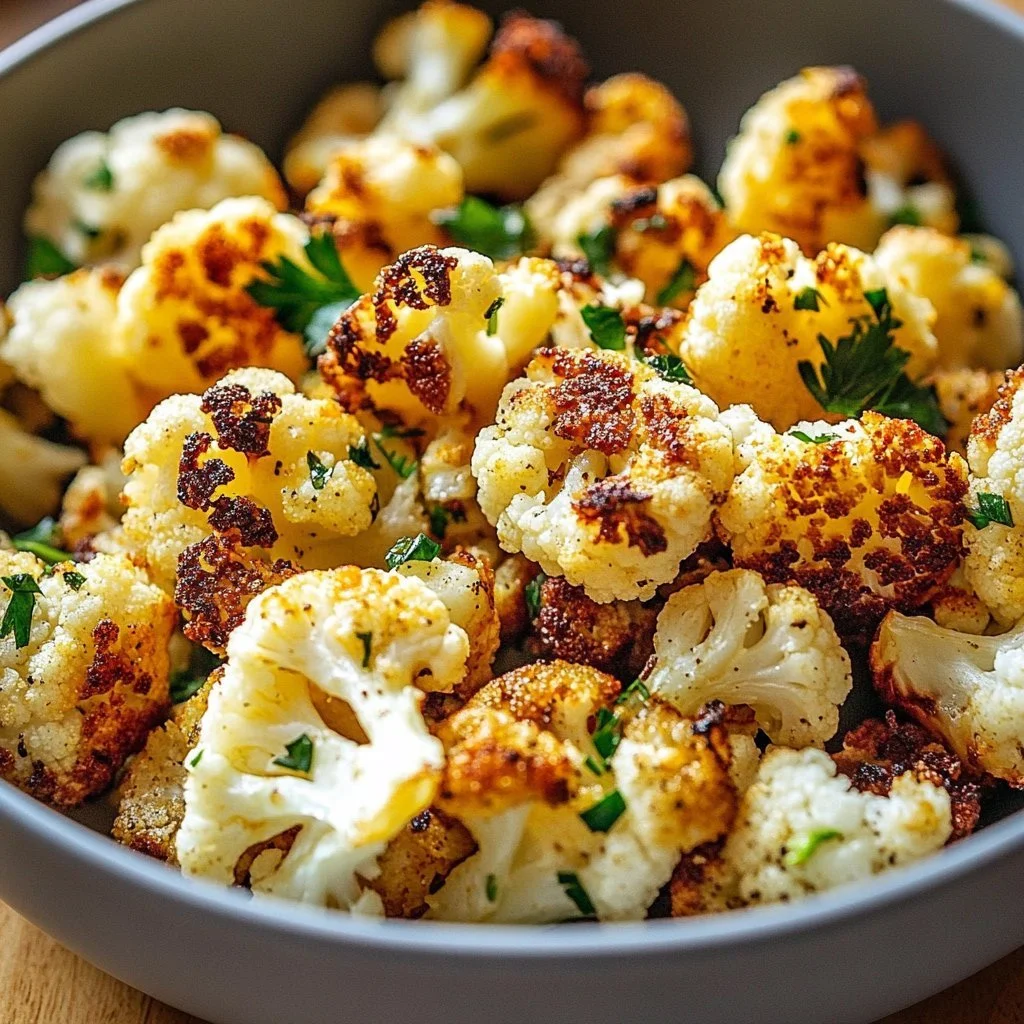 Crispy roasted cauliflower served on a plate with herbs and spices