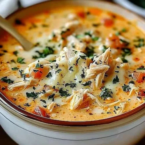 Crock Pot Creamy Chicken Parmesan Soup served in a bowl with herbs