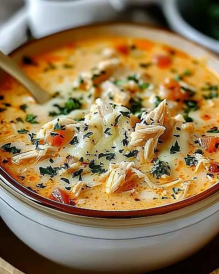 Crock Pot Creamy Chicken Parmesan Soup served in a bowl with herbs