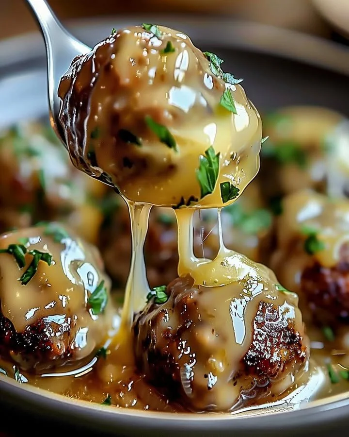 Crock Pot French Onion Meatballs served in a white bowl with melted cheese on top.
