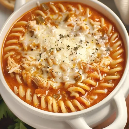 Crockpot chicken parmesan soup served in a bowl with cheese and parsley garnish.