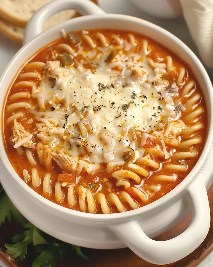 Crockpot chicken parmesan soup served in a bowl with cheese and parsley garnish.