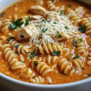 Bowl of Crockpot Chicken Parmesan Soup with cheese and herbs.