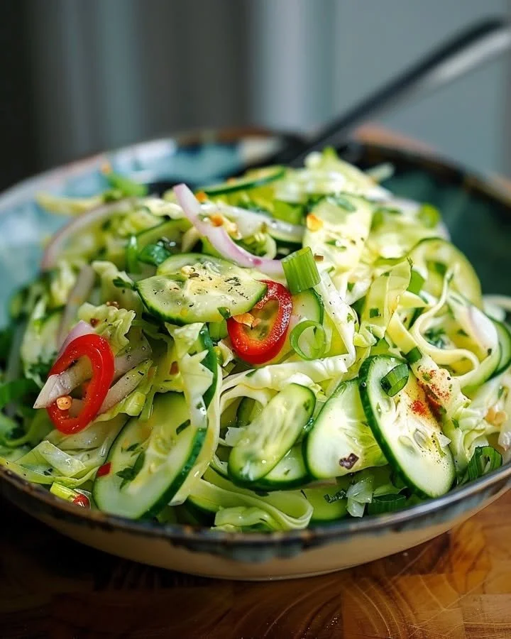 Cucumber and Chinese cabbage salad with vibrant vegetables and dressing