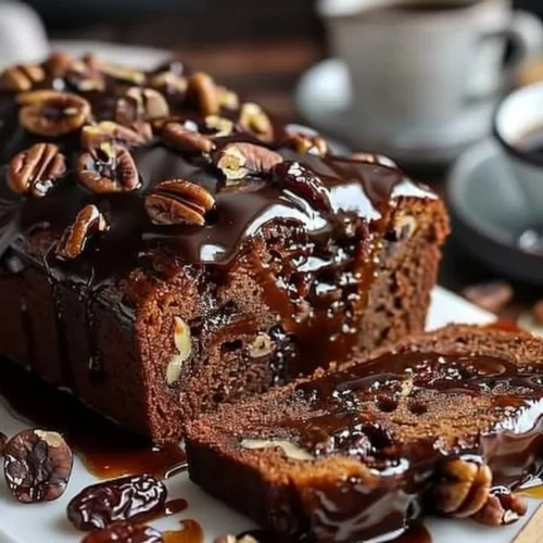 Delicious date coffee loaf cake with walnuts and espresso glaze on a serving plate