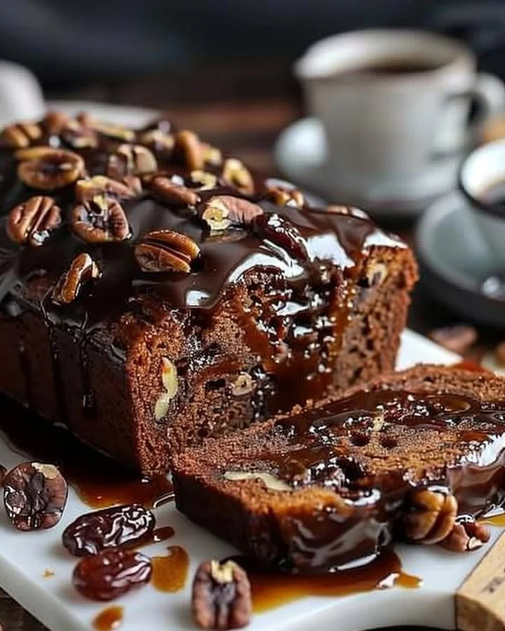Delicious date coffee loaf cake with walnuts and espresso glaze on a serving plate