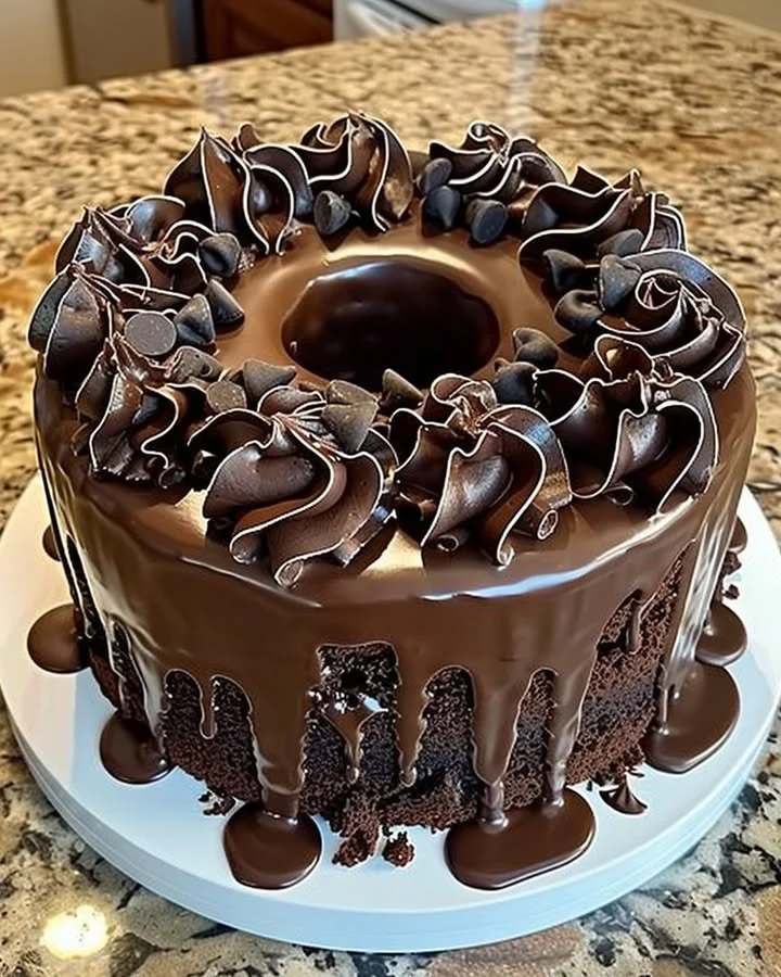Decadent Death by Chocolate Cake topped with rich chocolate ganache.