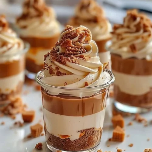 Decadent Biscoff Layered Cheesecake Cups with creamy layers and Biscoff cookies