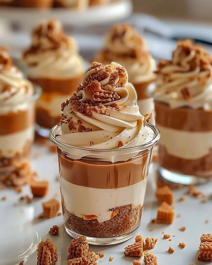 Decadent Biscoff Layered Cheesecake Cups with creamy layers and Biscoff cookies