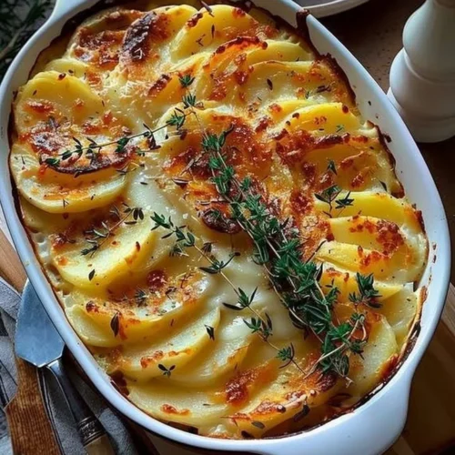 Decadent creamy potato bake dish topped with melted cheese and herbs.