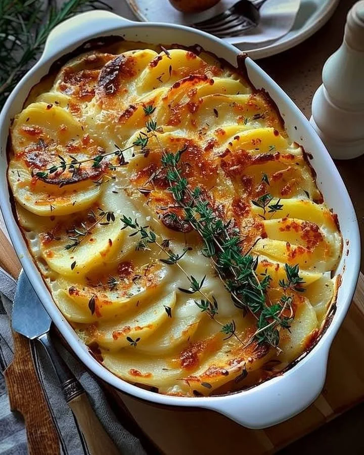 Decadent creamy potato bake dish topped with melted cheese and herbs.