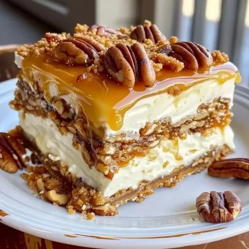 Decadent pecan pie lasagna layered with cream cheese and caramel sauce.