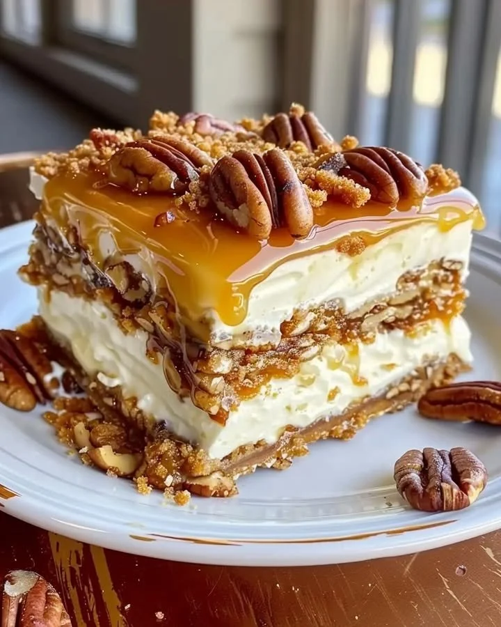 Decadent pecan pie lasagna layered with cream cheese and caramel sauce.