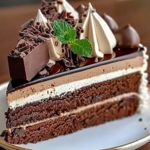 Delicious Triple Chocolate Mousse Cake with layers of rich chocolate flavors