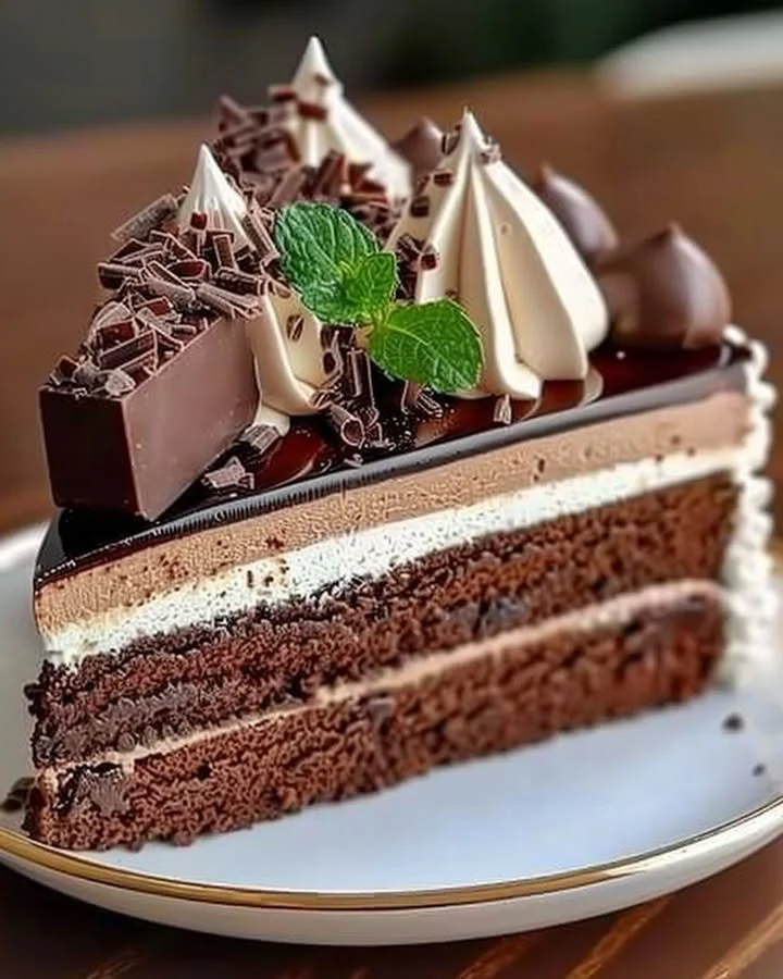 Delicious Triple Chocolate Mousse Cake with layers of rich chocolate flavors