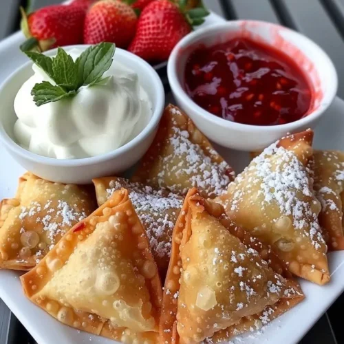 Deep-fried strawberry cheesecake stuffed wonton bites on a plate