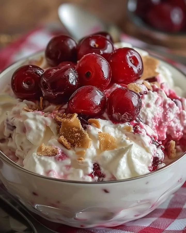 Delicious cherry cheesecake fluff dessert topped with fresh cherries and whipped cream.
