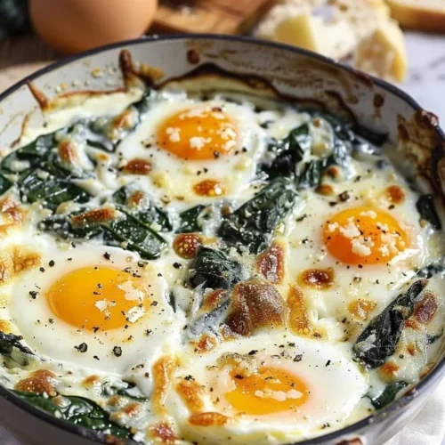 Baked eggs with lemon and Parmesan spinach served in a rustic dish
