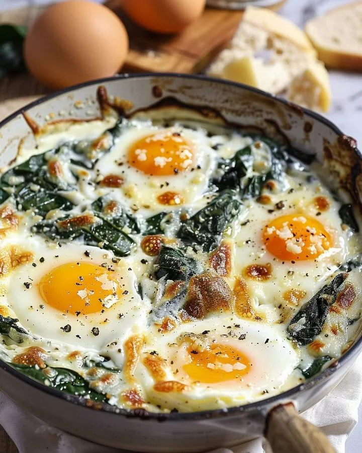 Baked eggs with lemon and Parmesan spinach served in a rustic dish