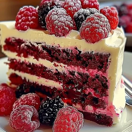 A beautiful white chocolate raspberry cake topped with fresh raspberries.