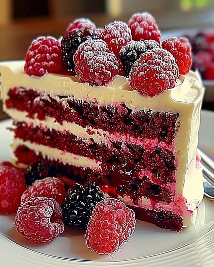 A beautiful white chocolate raspberry cake topped with fresh raspberries.