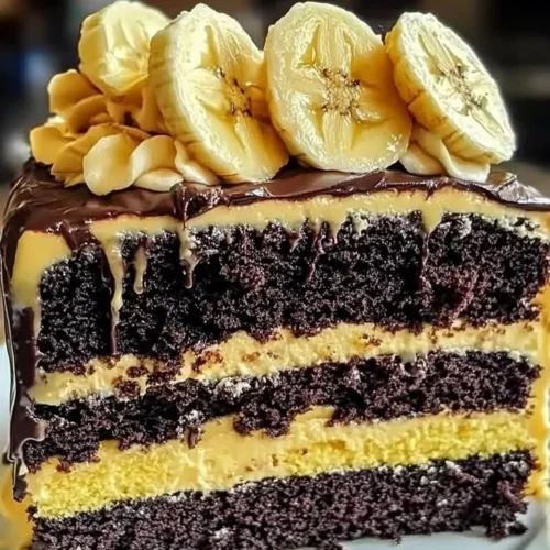 Double chocolate banana layer cake topped with chocolate frosting and banana slices.