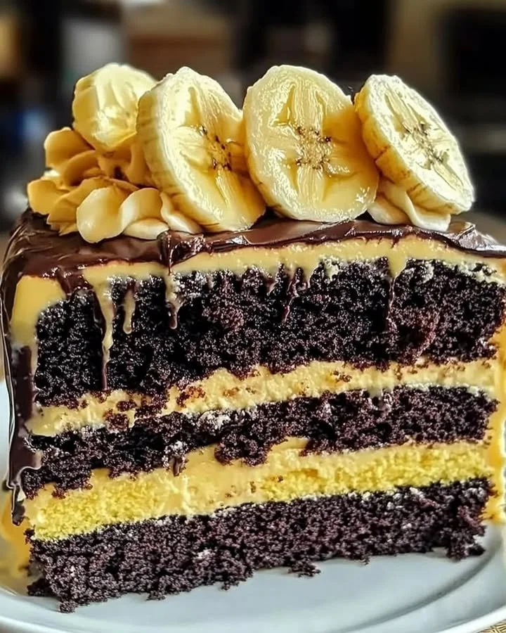Double chocolate banana layer cake topped with chocolate frosting and banana slices.