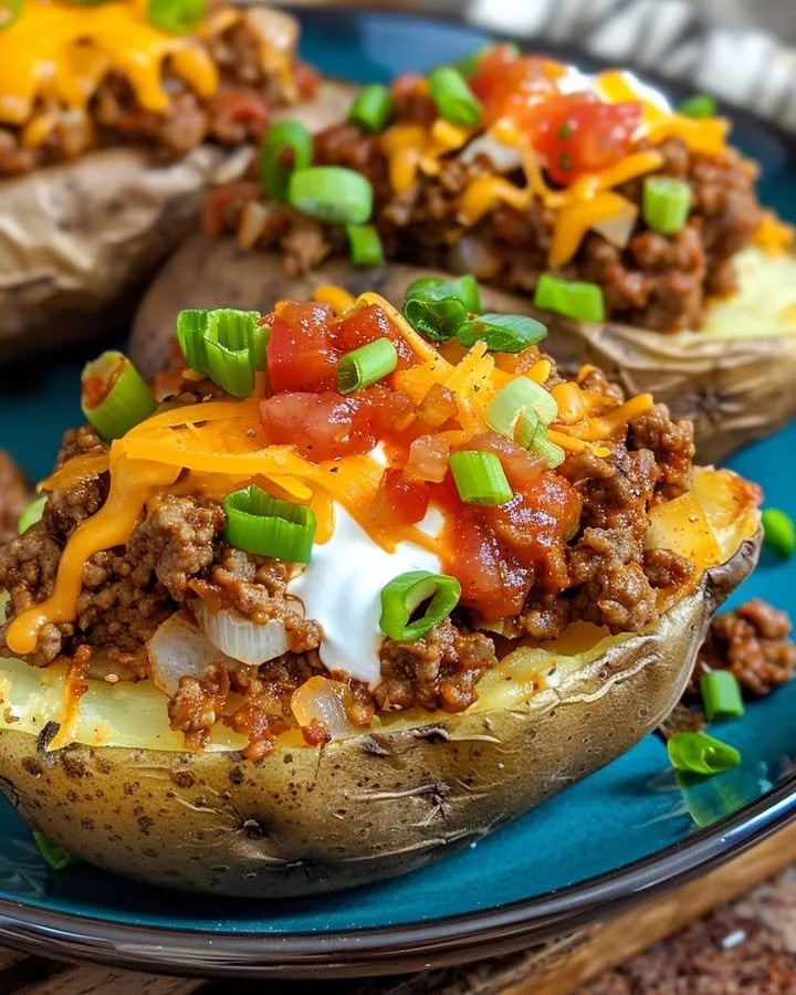 Double Stuffed Taco Potatoes topped with cheese and flavorful toppings