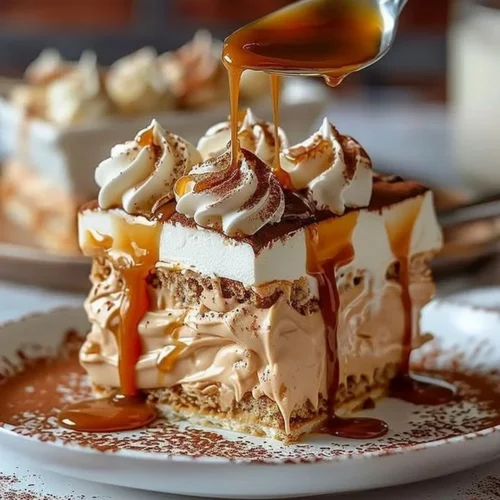 Delicious Dulce de Leche Tiramisu dessert served in a glass dish