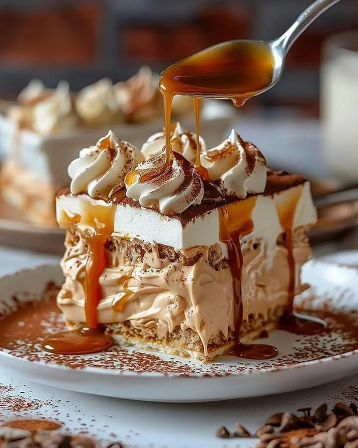 Delicious Dulce de Leche Tiramisu dessert served in a glass dish