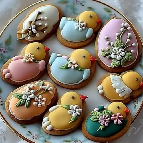 Easter cookies decorated with chick and flower designs