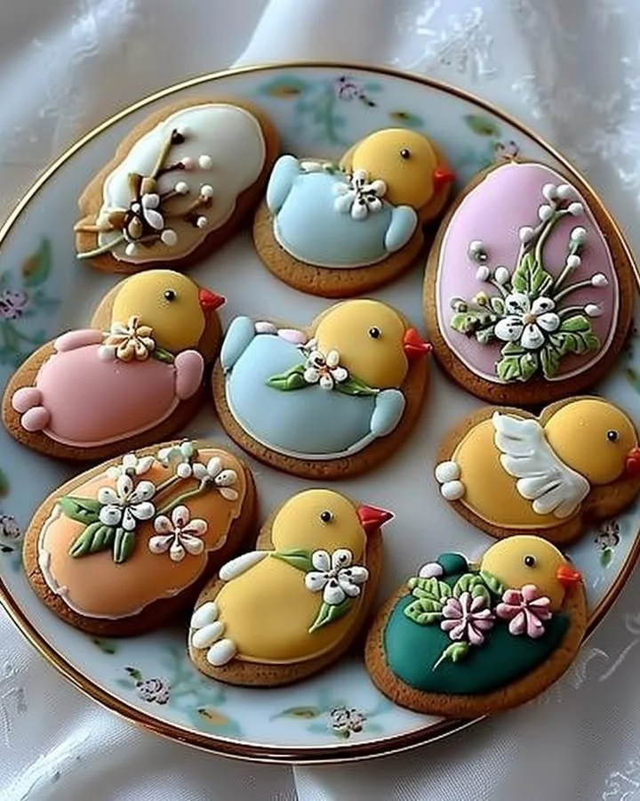 Easter cookies decorated with chick and flower designs