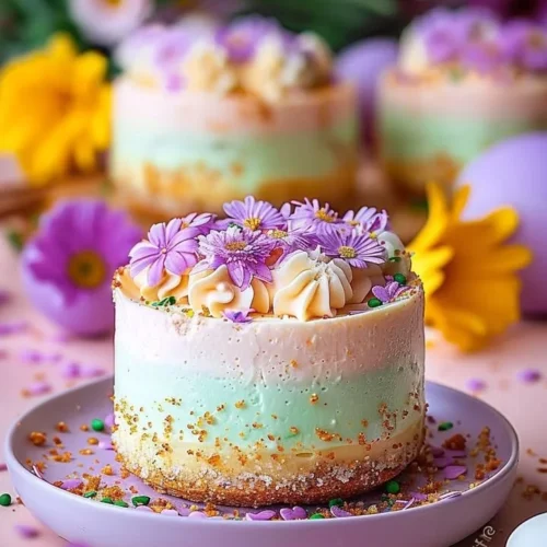 Easter No-Bake Mini Cheesecakes topped with festive decorations