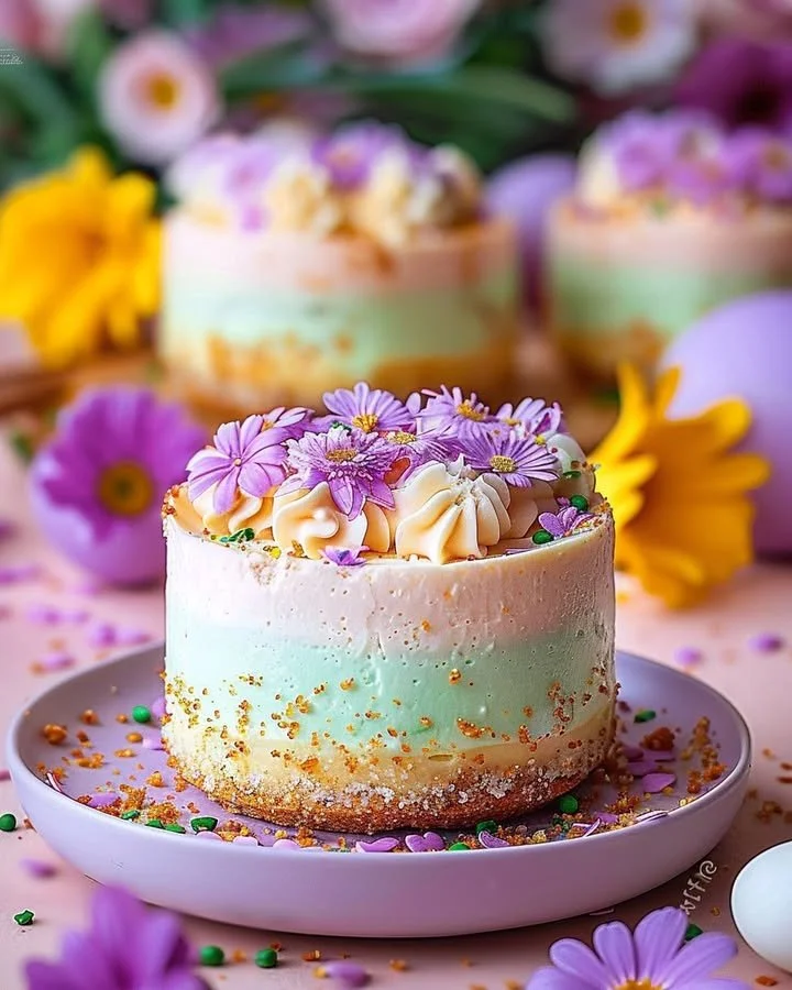 Easter No-Bake Mini Cheesecakes topped with festive decorations