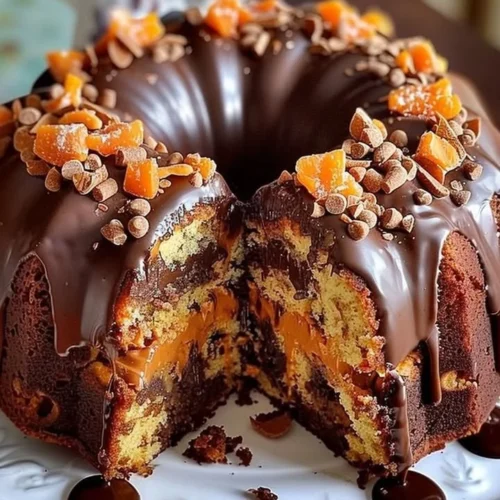 Deliciously moist Butterfinger chocolate bundt cake topped with chocolate glaze
