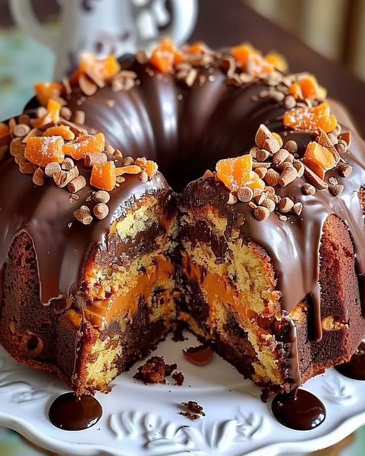 Deliciously moist Butterfinger chocolate bundt cake topped with chocolate glaze