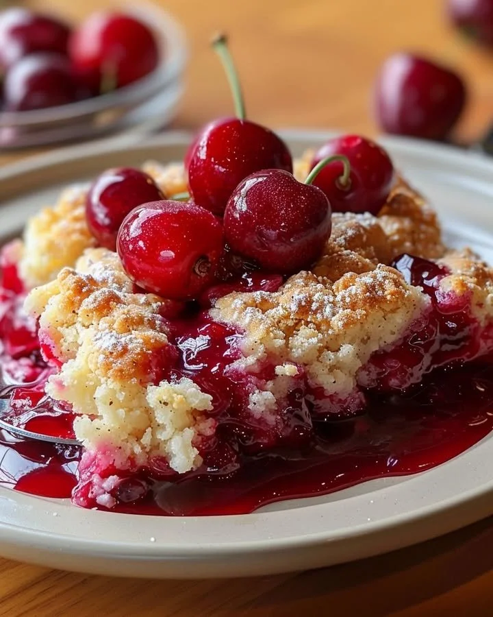 Delicious easy cherry cobbler served with ice cream