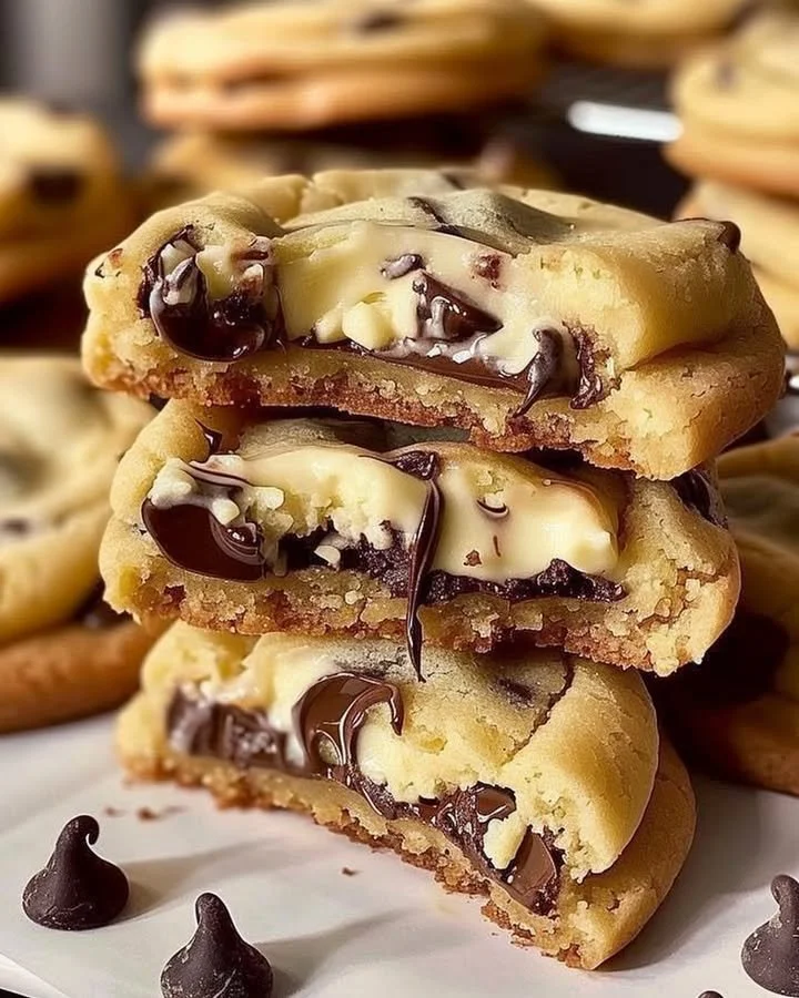 Delicious chocolate chip cheesecake stuffed cookies on a plate