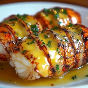 Delicious creamy garlic lobster tails served in a white dish