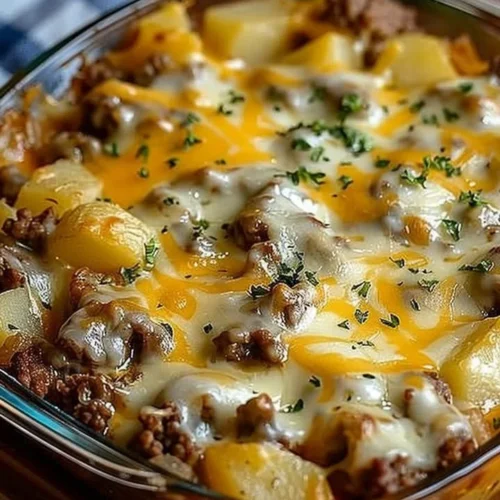 Easy hamburger potato casserole baked with ground beef and sliced potatoes