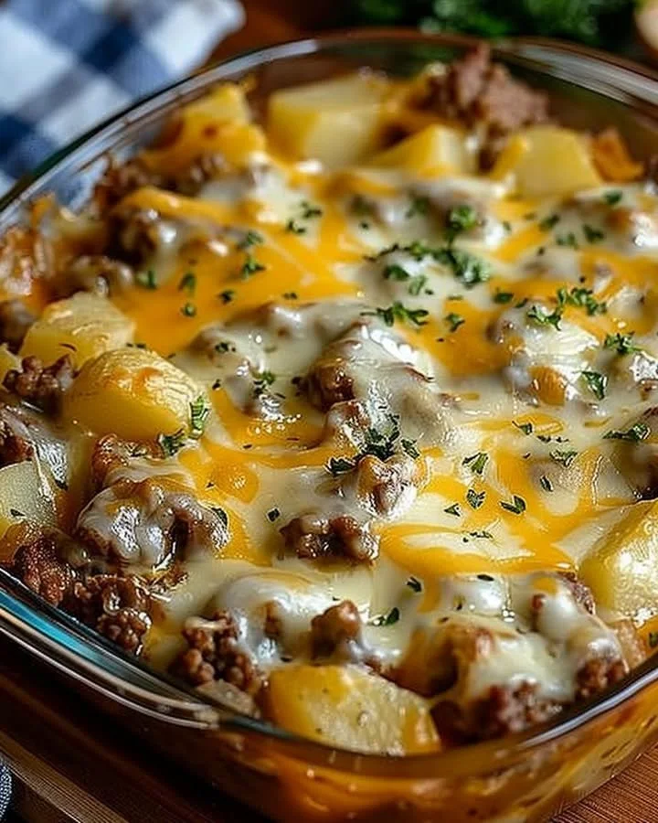 Easy hamburger potato casserole baked with ground beef and sliced potatoes
