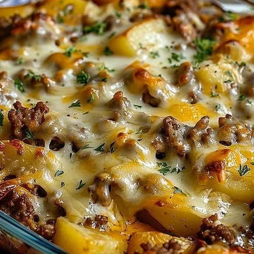 Easy hamburger potato casserole topped with cheese and fresh herbs